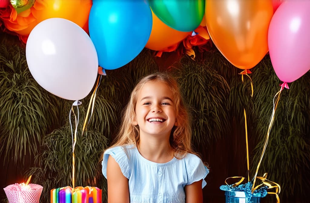  professional detailed photography, illustration of happy girl smiling and looking at balloons during birthday party ar 3:2, (muted colors, dim colors, soothing tones), (vsco:0.3)