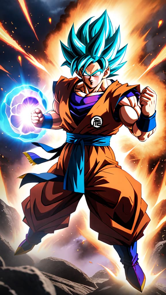  goku in hybrid kaioken super saiyan form battling frieza, cell, and jiren from dragon ball in anime art hyperrealistic, full body, detailed clothing, highly detailed, cinematic lighting, stunningly beautiful, intricate, sharp focus, f/1. 8, 85mm, (centered image composition), (professionally color graded), ((bright soft diffused light)), volumetric fog, trending on instagram, trending on tumblr, HDR 4K, 8K