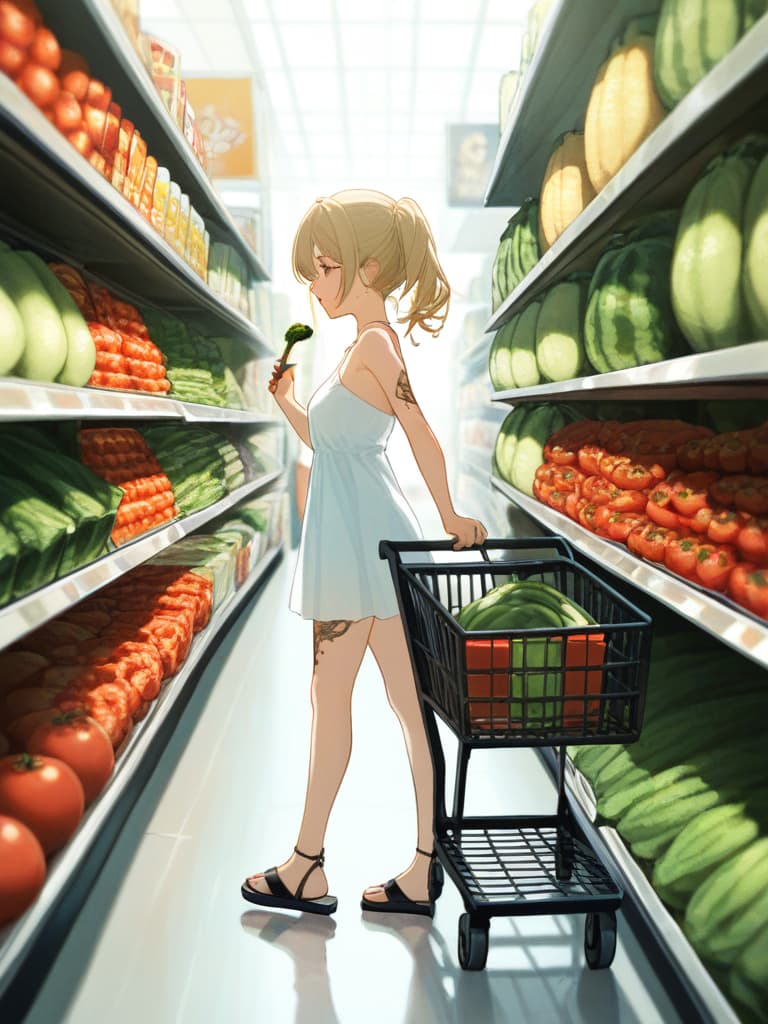  with tomatoes, blonde ponytails, white headphones, snakes on the legs, whole body, walking figure, girls on their arms, girls wearing white dresses, shopping carts, pressing shopping carts, gestures, shopping carts. is contained eggplant and celery, a small wing tattoo on the back, a snake tattoo on the thigh, a snake tattoo on the thigh, a thick bottom sandals., masterpiece, best quality,8k,ultra detailed,high resolution,an extremely delicate and beautiful,hyper detail