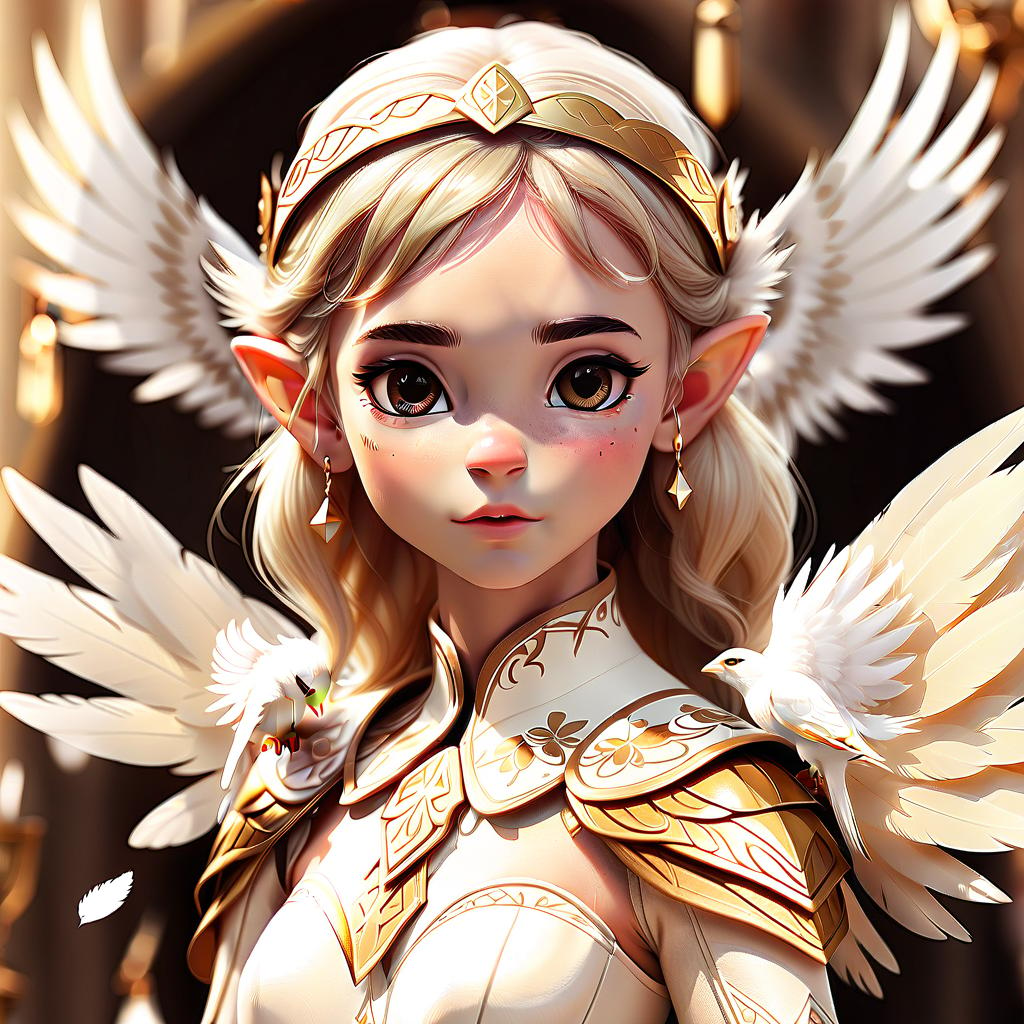  perfect world, elf, plumage on the head, white wings, girl, beige tones, gold, sticker, sticker