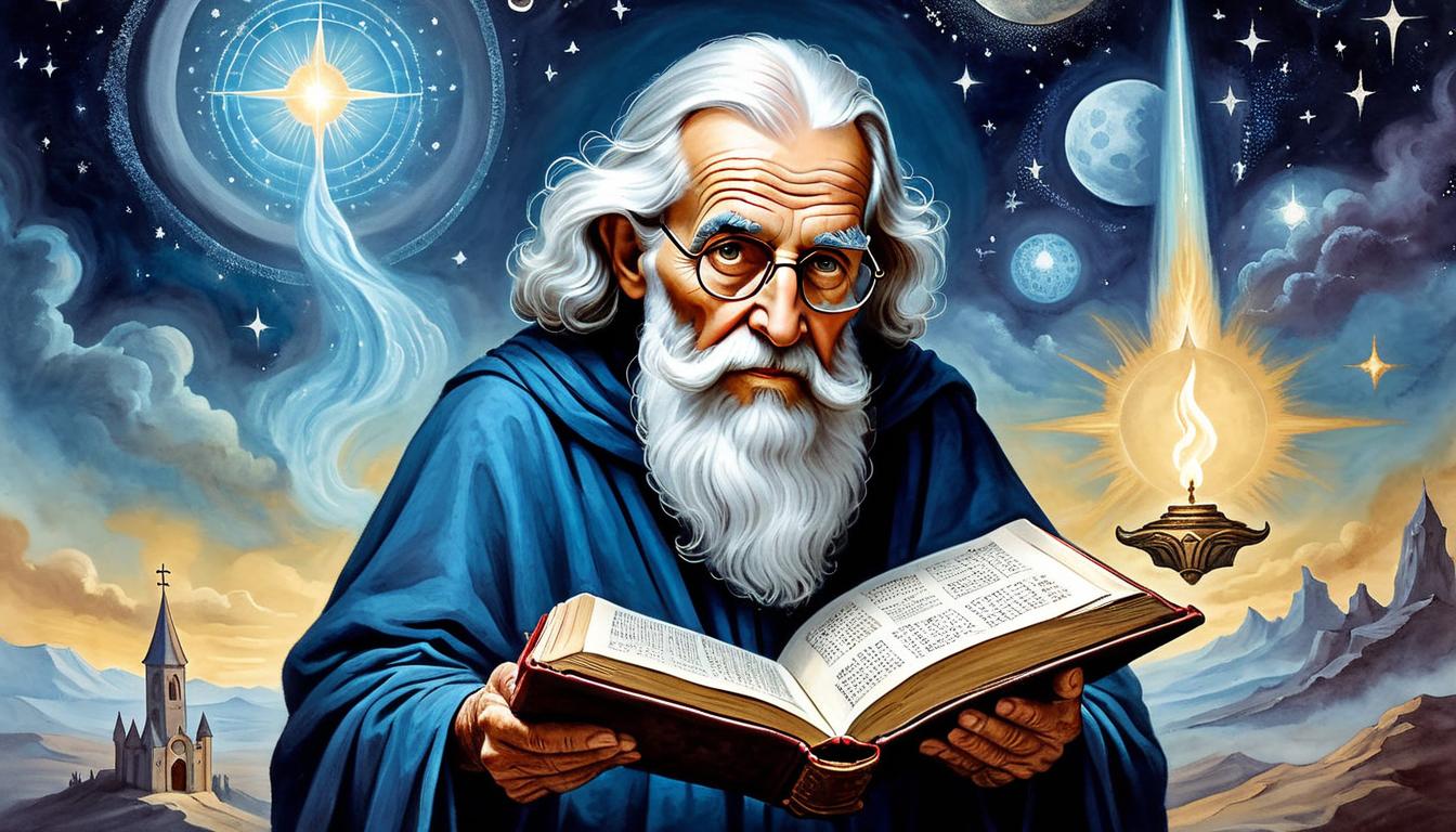  on parchment, surrealism+++, a wise elder, holding a bright, glowing bible, with a backdrop of celestial visions, solid foundation, guiding light, spiritual(mysterious, provocative, symbolic,muted color)+++