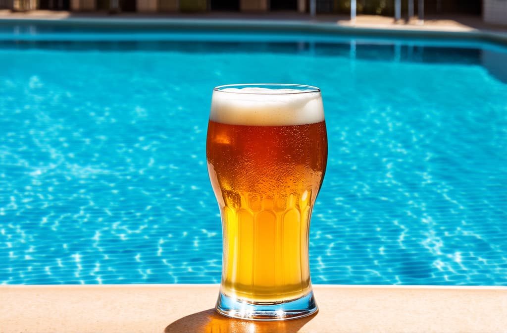  professional detailed photography, a glass of cold beer stands on the edge of a swimming pool against a sunny sky ar 3:2, (muted colors, dim colors, soothing tones), (vsco:0.3)