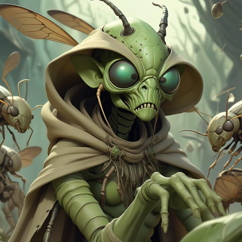  dreamscape thri kreen insectoid monstrous humanoid race with mantis head ranger, wearing travelers rags and cloak, has four hands, swarm of bugs flying around, hive background . surreal, ethereal, dreamy, mysterious, fantasy, highly detailed