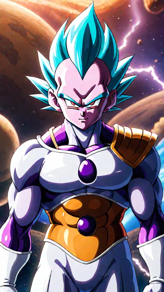  anime art: universe 7 seeks replacement as frieza returns due to majin buu's unexpected hibernation twist. hyperrealistic, full body, detailed clothing, highly detailed, cinematic lighting, stunningly beautiful, intricate, sharp focus, f/1. 8, 85mm, (centered image composition), (professionally color graded), ((bright soft diffused light)), volumetric fog, trending on instagram, trending on tumblr, HDR 4K, 8K