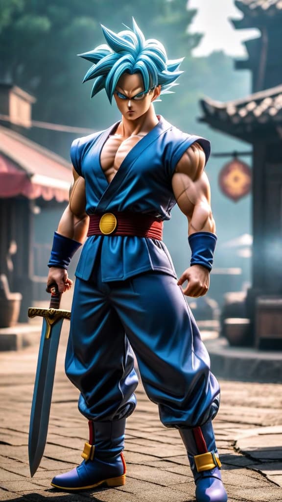  future trunks from dragon ball z holding his sword with a determined expression, realizing its limitations, anime art hyperrealistic, full body, detailed clothing, highly detailed, cinematic lighting, stunningly beautiful, intricate, sharp focus, f/1. 8, 85mm, (centered image composition), (professionally color graded), ((bright soft diffused light)), volumetric fog, trending on instagram, trending on tumblr, HDR 4K, 8K