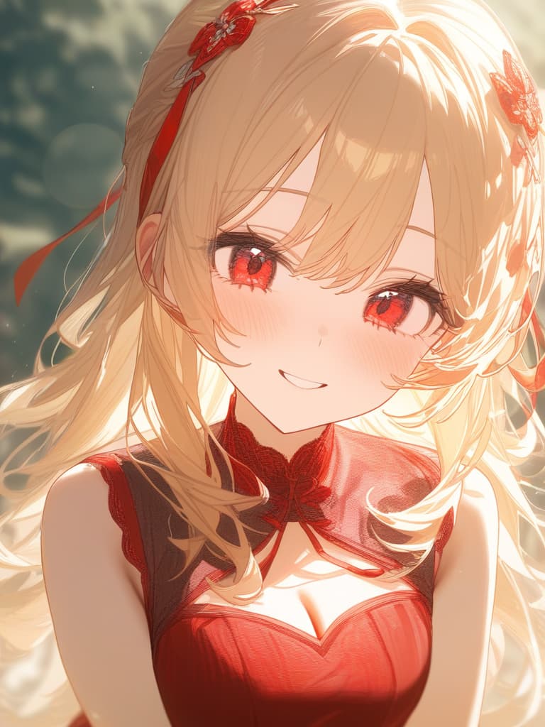  short blonde, high school girl, red eyes, red ribbon hair accessories, red dresses, smiles, masterpiece, best quality,8k,ultra detailed,high resolution,an extremely delicate and beautiful,hyper detail