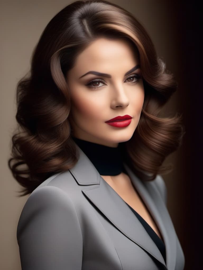  create an image of a striking young woman with clasic mid 20th century beauty. she has brown, shoulder length hair, styled in soft, elegant waves, typical of the 1950s or 1960s glamour. her eyes are a bright, piercing light gray, framed by dark, well defined brows, giving her an intense yet sophisticated gaze. her facial features are sharp and refined, with high cheekbones, a strong jawline, and full lips. she has a tall and athletic figure, standing confidently, with an air of elegance and strength, reflecting her famous roles. dress her in a tailored, form fitting outfit, like a sleek, high fashion dress or a vintage leather jacket, evoking her iconic roles in action and spy films. the overall mood should radiate confidence, grace, and a 