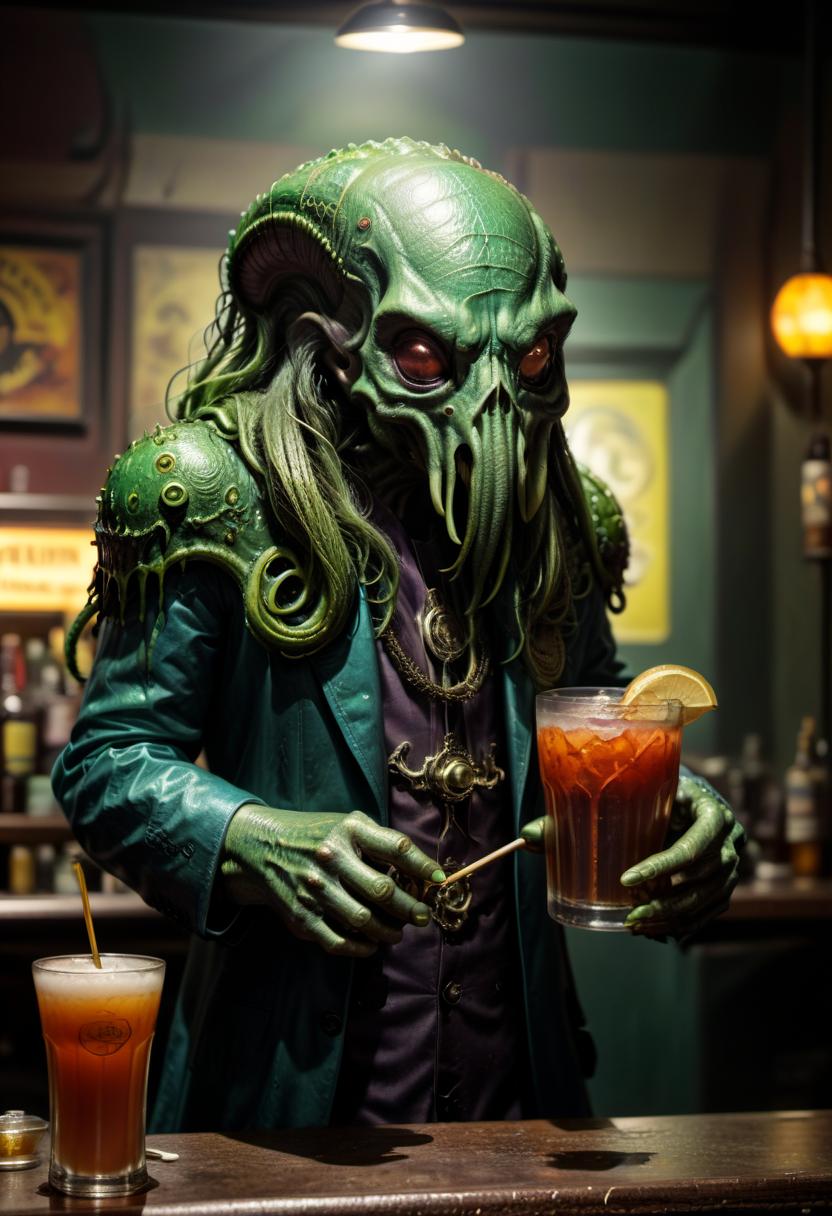  breathtaking cthulhu drinks in a bar with the alien and snacks on hot wax painting style flywheels . award winning, professional, highly detailed, civitai