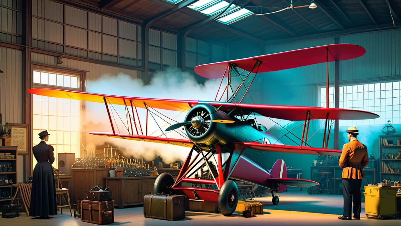  a vintage aircraft workshop with early biplanes, scattered blueprints, and inventors in period clothing, surrounded by tools and mechanical parts, capturing the essence of early 20th century aviation innovation and collaboration. hyperrealistic, full body, detailed clothing, highly detailed, cinematic lighting, stunningly beautiful, intricate, sharp focus, f/1. 8, 85mm, (centered image composition), (professionally color graded), ((bright soft diffused light)), volumetric fog, trending on instagram, trending on tumblr, HDR 4K, 8K