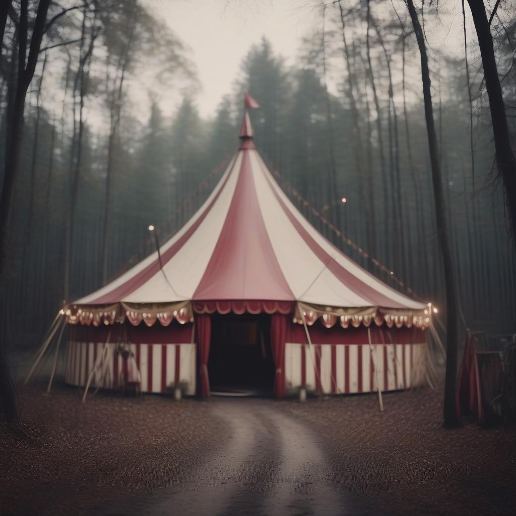  cinematic photo damned mystic vintage circus in the woods gloomy atmosphere . 35mm photograph, film, bokeh, professional, 4k, highly detailed