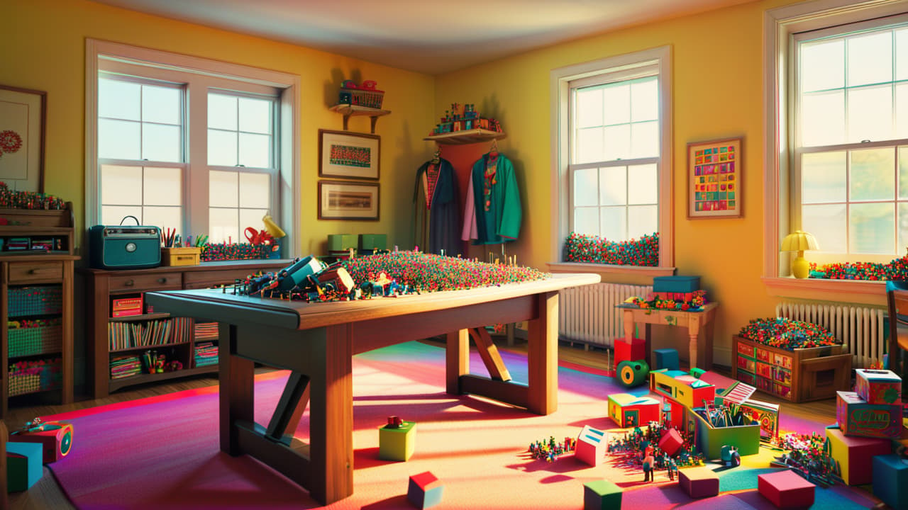  a vibrant scene of a cluttered room filled with colorful, unused toys and clothing. sunlight streams through a window, illuminating a table with crafting supplies, inspiring a sense of creativity and transformation. hyperrealistic, full body, detailed clothing, highly detailed, cinematic lighting, stunningly beautiful, intricate, sharp focus, f/1. 8, 85mm, (centered image composition), (professionally color graded), ((bright soft diffused light)), volumetric fog, trending on instagram, trending on tumblr, HDR 4K, 8K