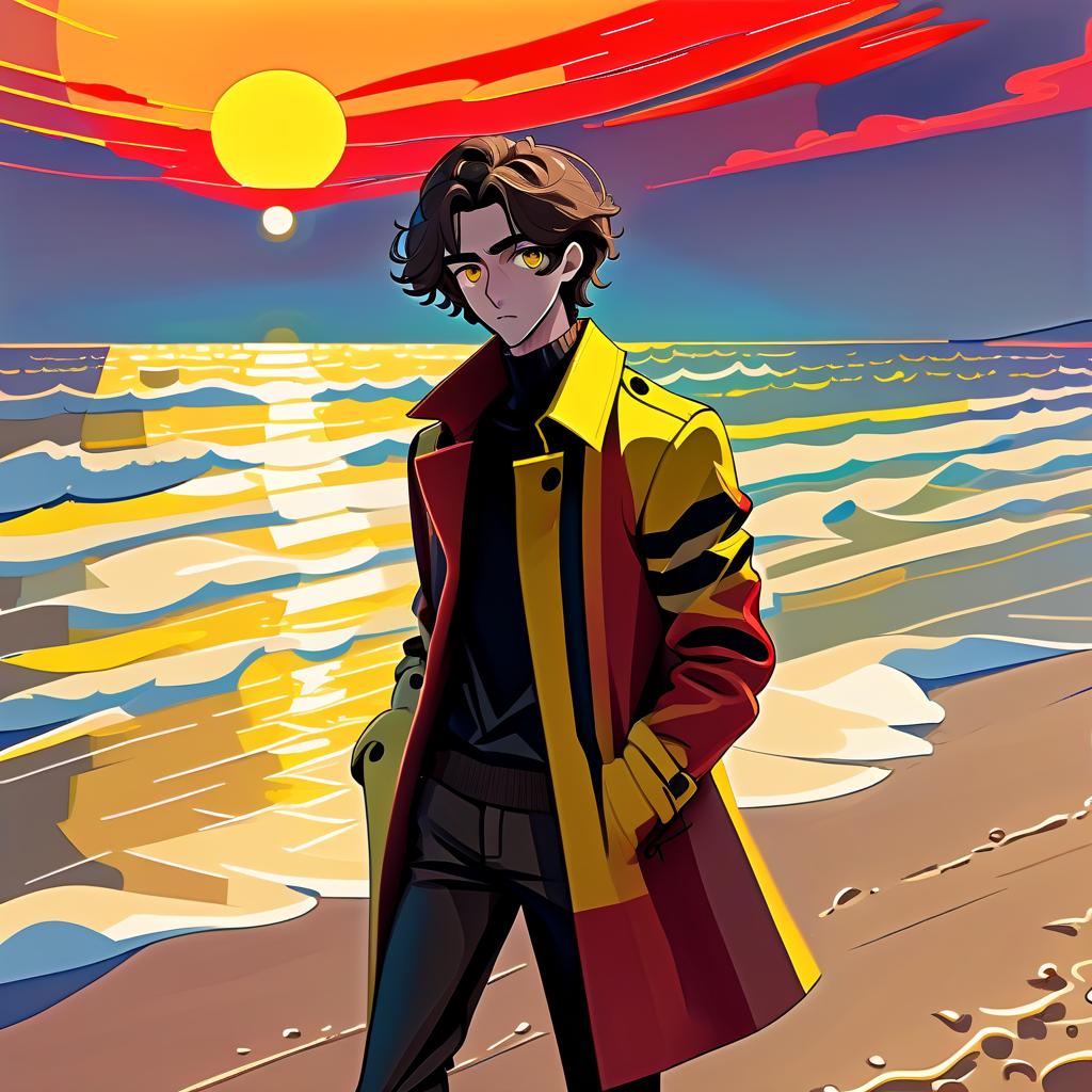  constructivist style a young man stands alone on the beach. he has long dark brown hair, which flies slightly in the breeze. his face, with pronounced jewish and slavic features, radiates lively energy. brown eyes are full of deep emotions, as if reflecting the vast expanses of the ocean. he wears a bright yellow coat that seems to shine, catching the eye and contrasting with the soft shades of the sunset. under his coat he wears a black shirt and black pants are decorated with yellow elements, creating a stylish and dynamic look. the sunset turns into the night sky and full of stars, and the outgoing red sun rays fall on the terrain in bright red stripes contrasting with the oncoming night. the image uses such colors and shades of colors a