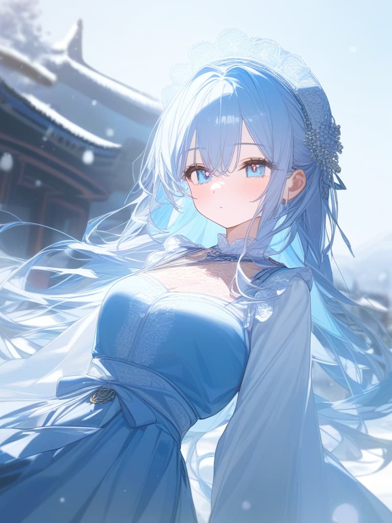  girls, white skin, light blue kimono, light blue eyes, blue eyes, white gradation hair color, long hair, snow, cute face, frill lace, headdress, solo, masterpiece, best quality,8k,ultra detailed,high resolution,an extremely delicate and beautiful,hyper detail