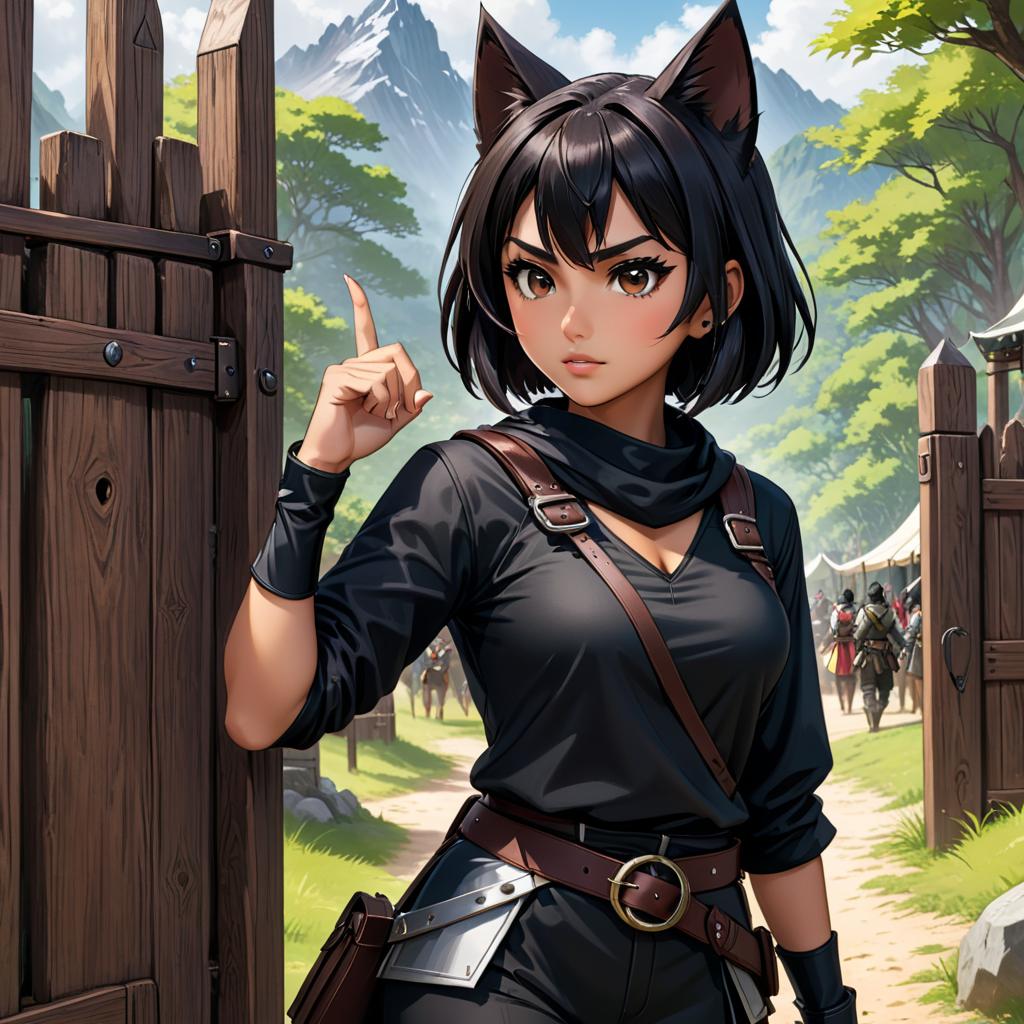  1 girl, brown skin, black adventuring rogue outfit, black hair, short hair, hair between eyes, mouth mask, glaring, pointy ears, annoyed, thumbs hooked in belt loops, campsite, anime style, anatomically correct, high details, best quality, high quality, hd, fantasy, wooden gate in the distance,, award winning, professional, highly detailed, masterpiece