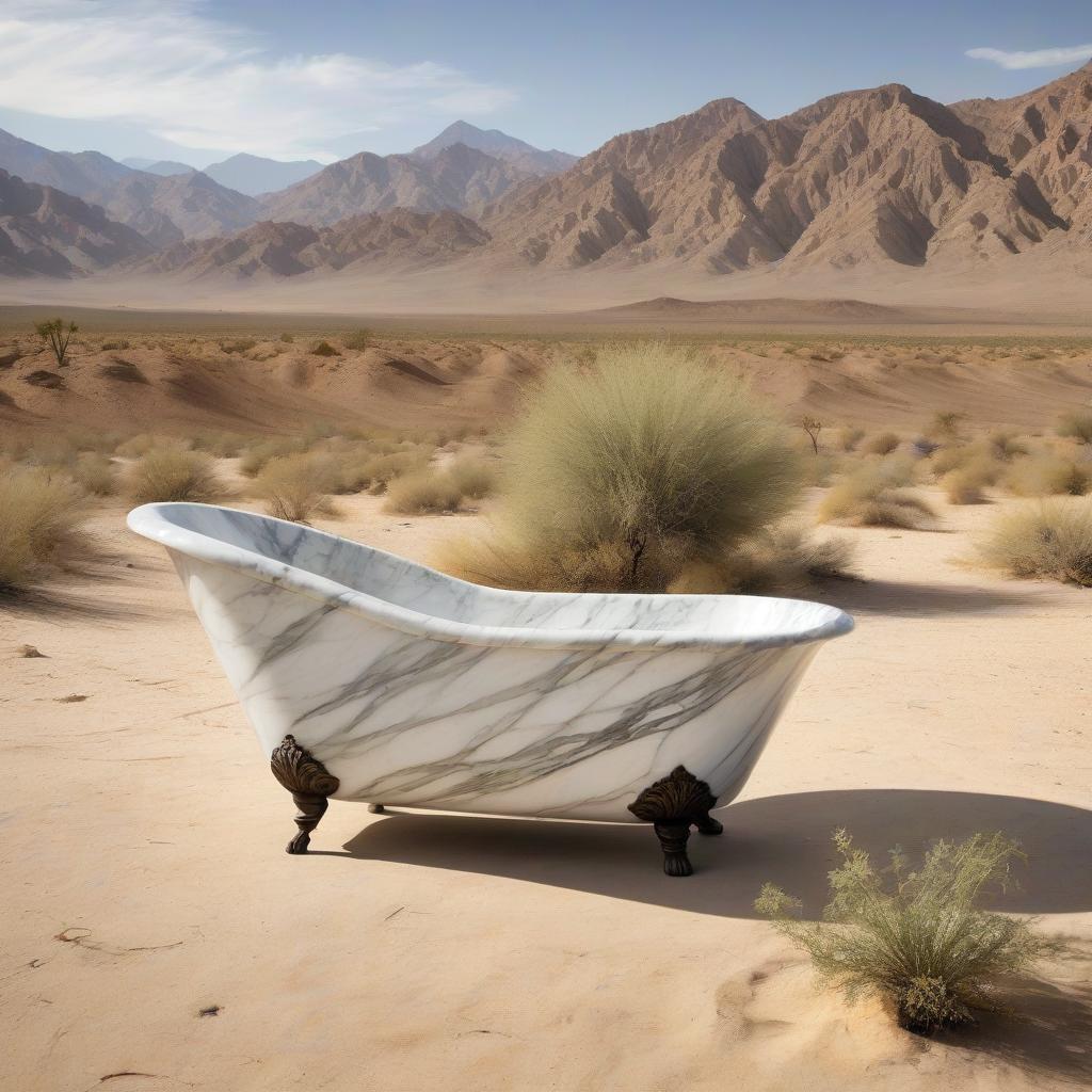  an antique marble steamer tub rushes across the desert on iron legs.