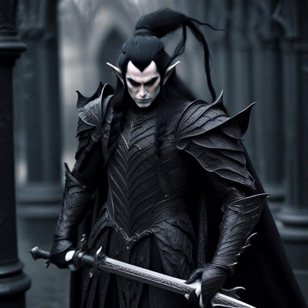  macabre style transform according to the original image of a noble black haired elf in black armor in a noble black haired elf in white leather openwork armor, in white openwork shoulder pads and in white elbow pads. . dark, gothic, grim, haunting, highly detailed, perfecteyes, perfect hands