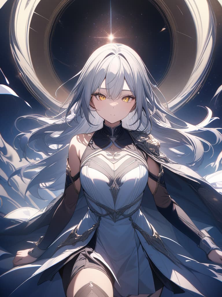  in the universe, fantastic, girl, purple, blue and yellow eyes, silver hair, masterpiece, best quality,8k,ultra detailed,high resolution,an extremely delicate and beautiful,hyper detail