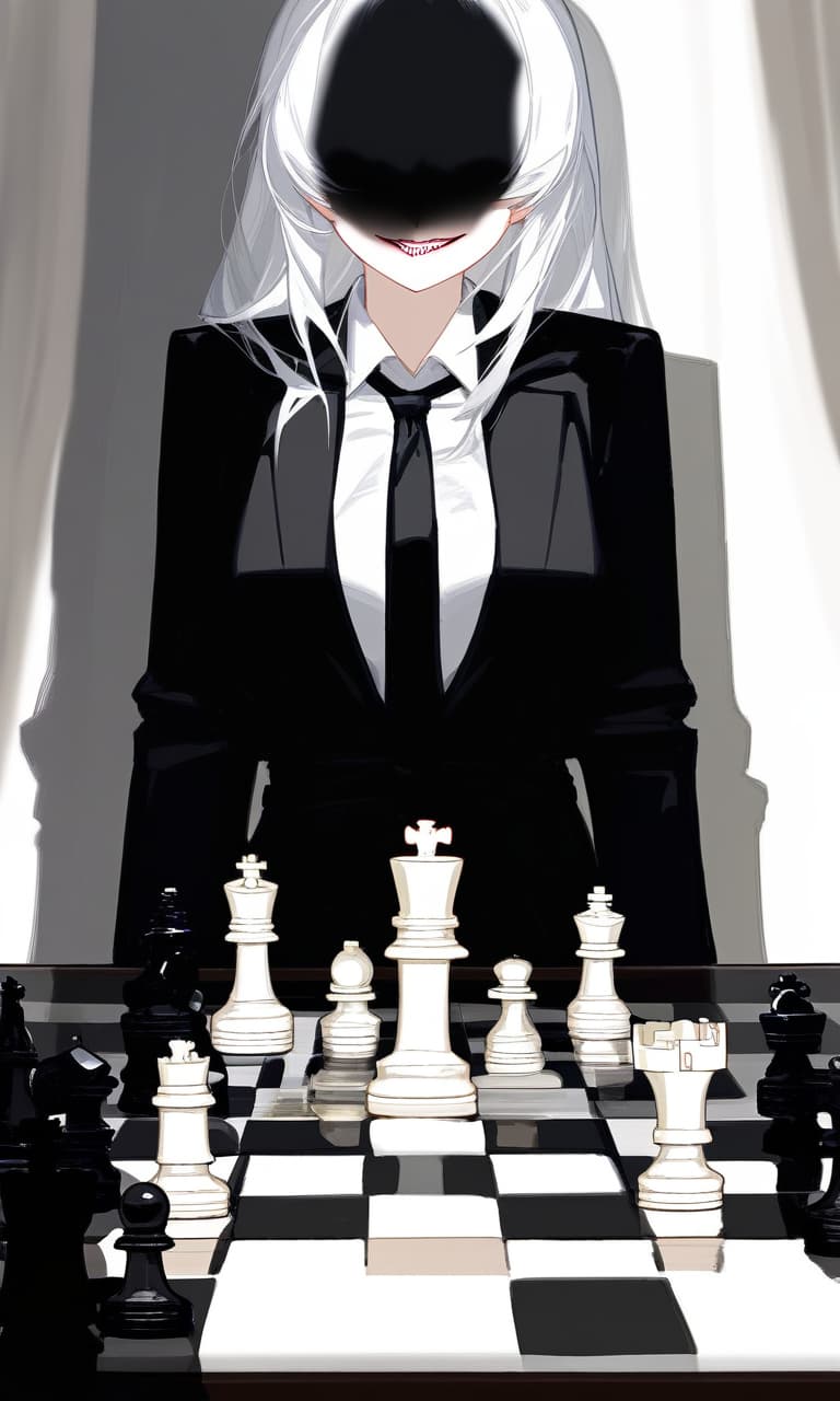  beutiful long white hair anime woman with shadows hiding face and neck, sitting in front of a table with a chess set on it,an evil smile on her face and only 1 gold eye is visible, black suit and tie . best quality, high resolution