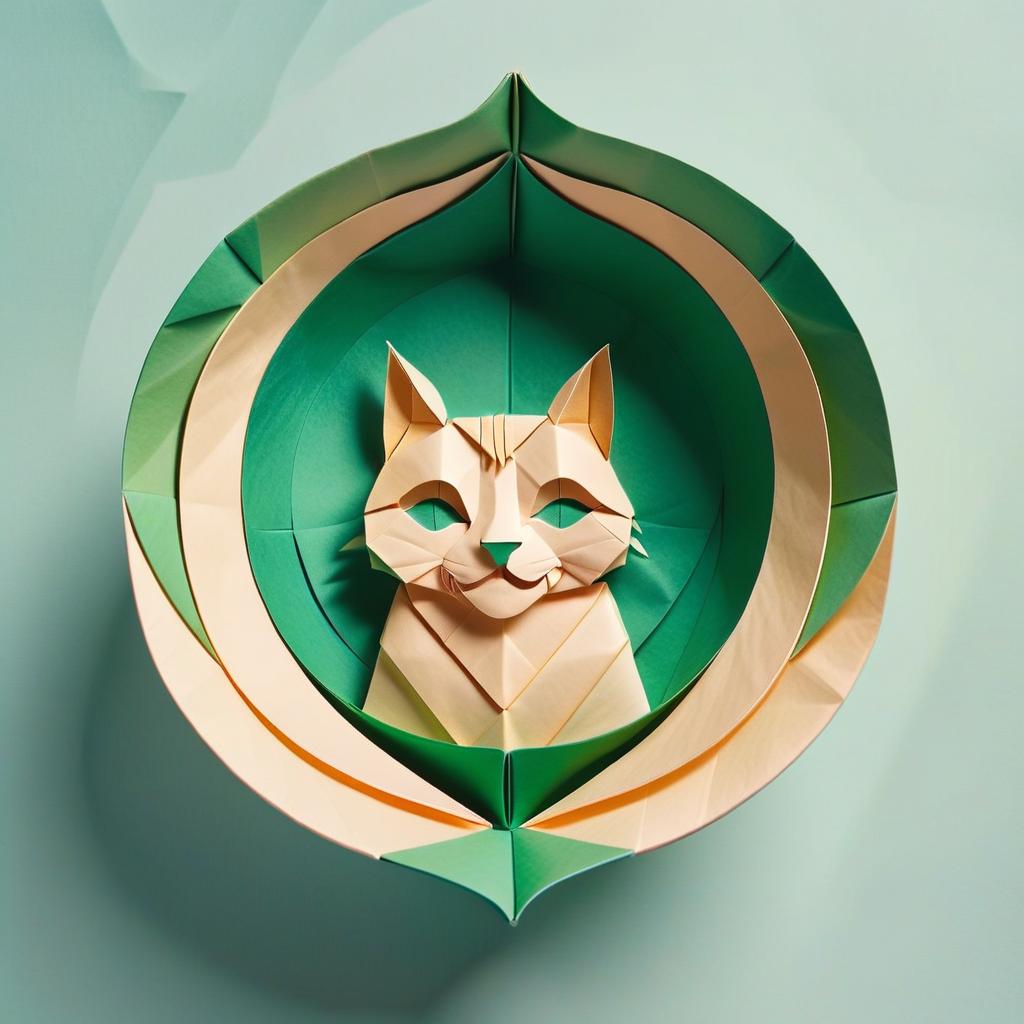  origami style draw a logo for a chinese teahouse using a picture of a bowl for tea, cat and sea . paper art, pleated paper, folded, origami art, pleats, cut and fold, centered composition, logo