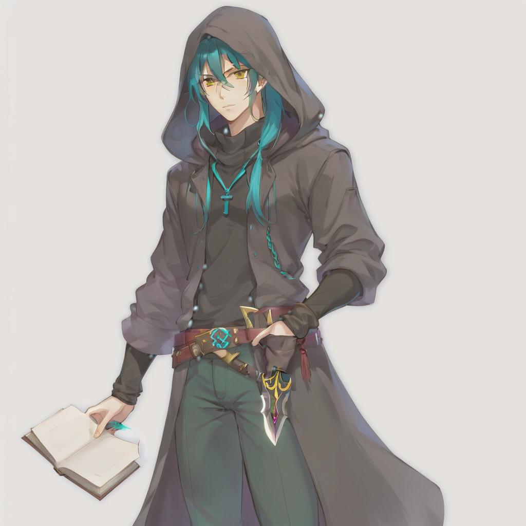  anime artwork a concept art for visual novel game, handsome male, rogue from d&d, portrait, wearing: dark coat with hoodie, tight t shirt, baggy pants, black boots, on the belt have a hunting knife; appearance: light skin, black teal long hair in the ponytail, stumble on the chin, yellow eyes, anime style, very detailed, high quality. . anime style, key visual, vibrant, studio anime, highly detailed