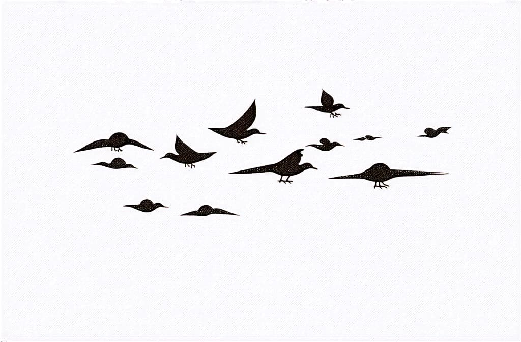  contour, very simple image in one unbroken black ink line, single line of birds among clouds in sky, icon isolated on white background ar 3:2 using a single continuous black line ink brushon white background, drawing should be created without lifting the pen, recognizable features of birds among clouds in sky, icon isolated on white background ar 3:2 in one unbroken line