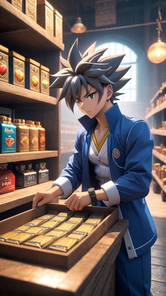  anime art, ginka hagani from beyblade staring at a glimmering box on a high shelf in a dusty old shop hyperrealistic, full body, detailed clothing, highly detailed, cinematic lighting, stunningly beautiful, intricate, sharp focus, f/1. 8, 85mm, (centered image composition), (professionally color graded), ((bright soft diffused light)), volumetric fog, trending on instagram, trending on tumblr, HDR 4K, 8K