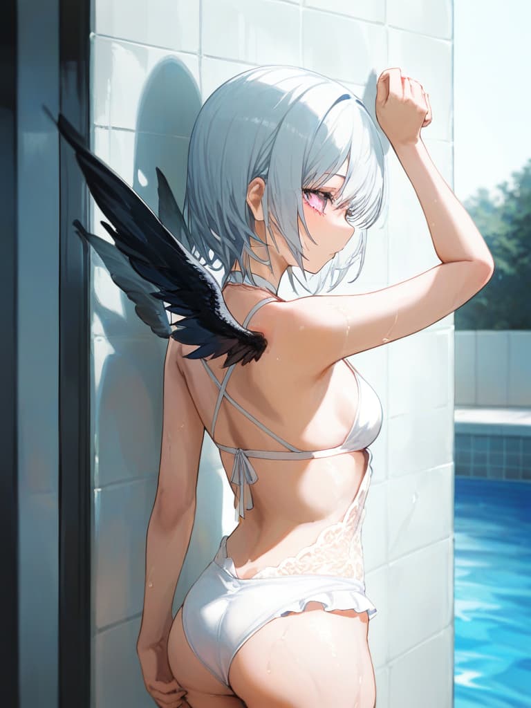  white headphones, white swimwear, poses showing their backs, poses hanging on the wall, snake tattoo on , white frill pareo, whole body, feet, pool, black wings on the back, standing out., masterpiece, best quality,8k,ultra detailed,high resolution,an extremely delicate and beautiful,hyper detail