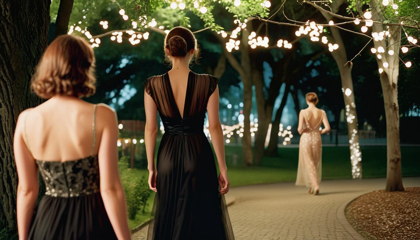  cinematic photo high definition photographic image, detailing, drawing details, night, a man follows a woman in an evening dress, from afar, hiding behind trees. . 35mm photograph, film, bokeh, professional, 4k, highly detailed, film photography style