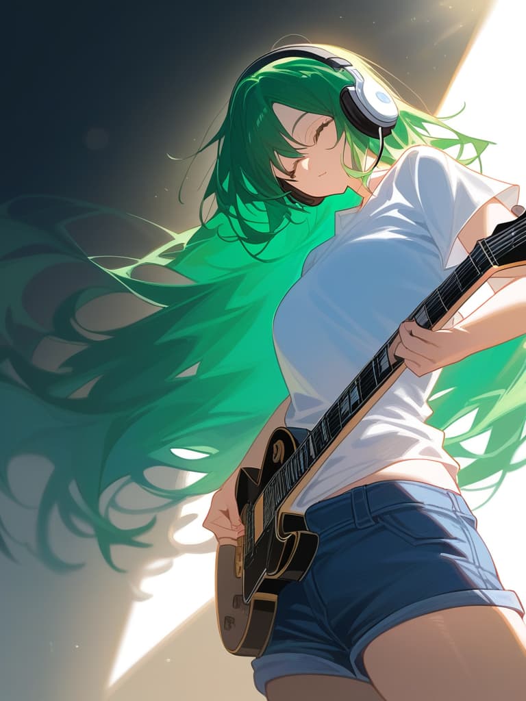  (white background:1.3),(extremely detailed fine touch:1.3),(hard light,studio light,light rays,dappled light,reflection,shadows,ray tracing:1.0),///,,(((green very long hair:1.3))),headphone,forehead,having a bird's eye view,anime style,super fine ilration,highly detailed,dynamic angle,beautiful detailed,8k,on stage break a woman,(((headphone:1.3))),on both ,strumming an electric guitar. she arches her back,closes her eyes and looks joyful. break a spotlight shines on her,(t shirt:1.3),(denim shorts:1.3),(black les paul custom:1.3)