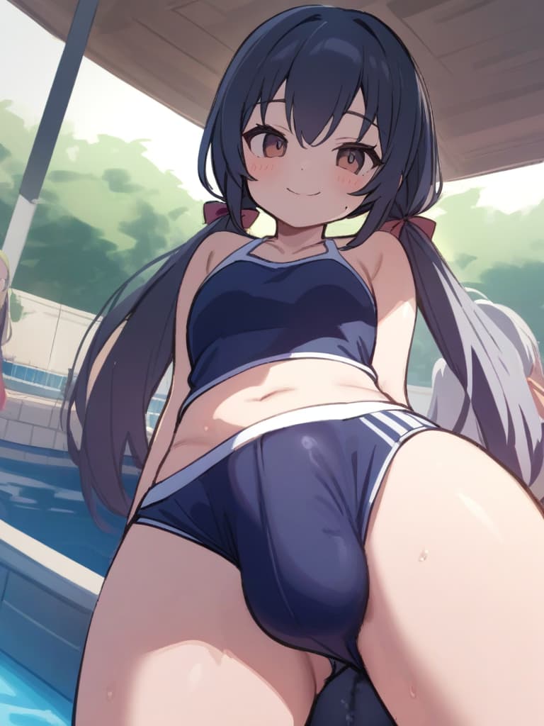  women's elementary students (with male), twin tails, cute smiles, rich s, short stature, dark blue swimwear, old swimwear, swimwear, simple, (swelling), upward, (bulge), front, whole body, pool side,