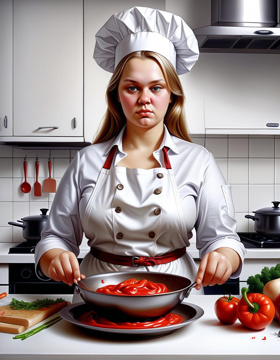  hyperrealistic art it should be a russian woman cook who works at school, she should be overweight, she should be depicted on a white background . extremely high resolution details, photographic, realism pushed to extreme, fine texture, incredibly lifelike