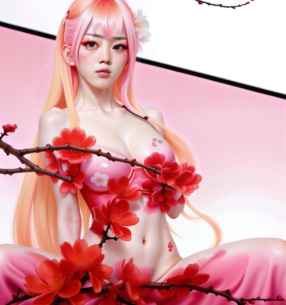  hyperrealistic art in a red , white hair, pink background, sakura nches. . extremely high resolution details, photographic, realism pushed to extreme, fine texture, incredibly lifelike, perfecteyes, hkmagic