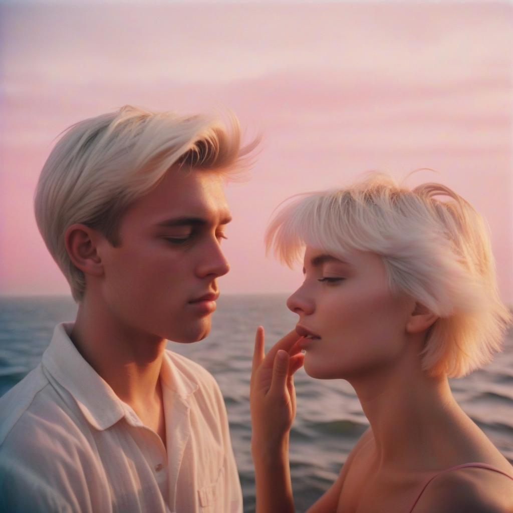  analog film photo a girl platinum blonde with short hair touches the face of a blonde guy, in the background the sea, sunset, pink and white shades, clouds, light fog, sunny day. . faded film, desaturated, 35mm photo, grainy, vignette, vintage, kodachrome, lomography, stained, highly detailed, found footage