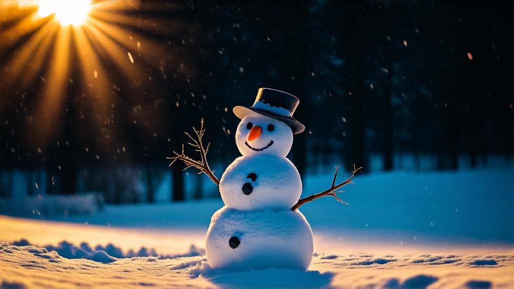  cinematic film style, snowman standing in snow, sunset light, snowman with carrot nose. snow falling in background ar 16:9, shallow depth of field, vignette, maximum details, high budget hollywood movie, bokeh, cinemascope, moody, epic, gorgeous, sun rays and shadows on furniture and surfaces, flattering light, raw photo, photography, photorealistic, 8k resolution, f1.4, sharpened focus, sharp focus