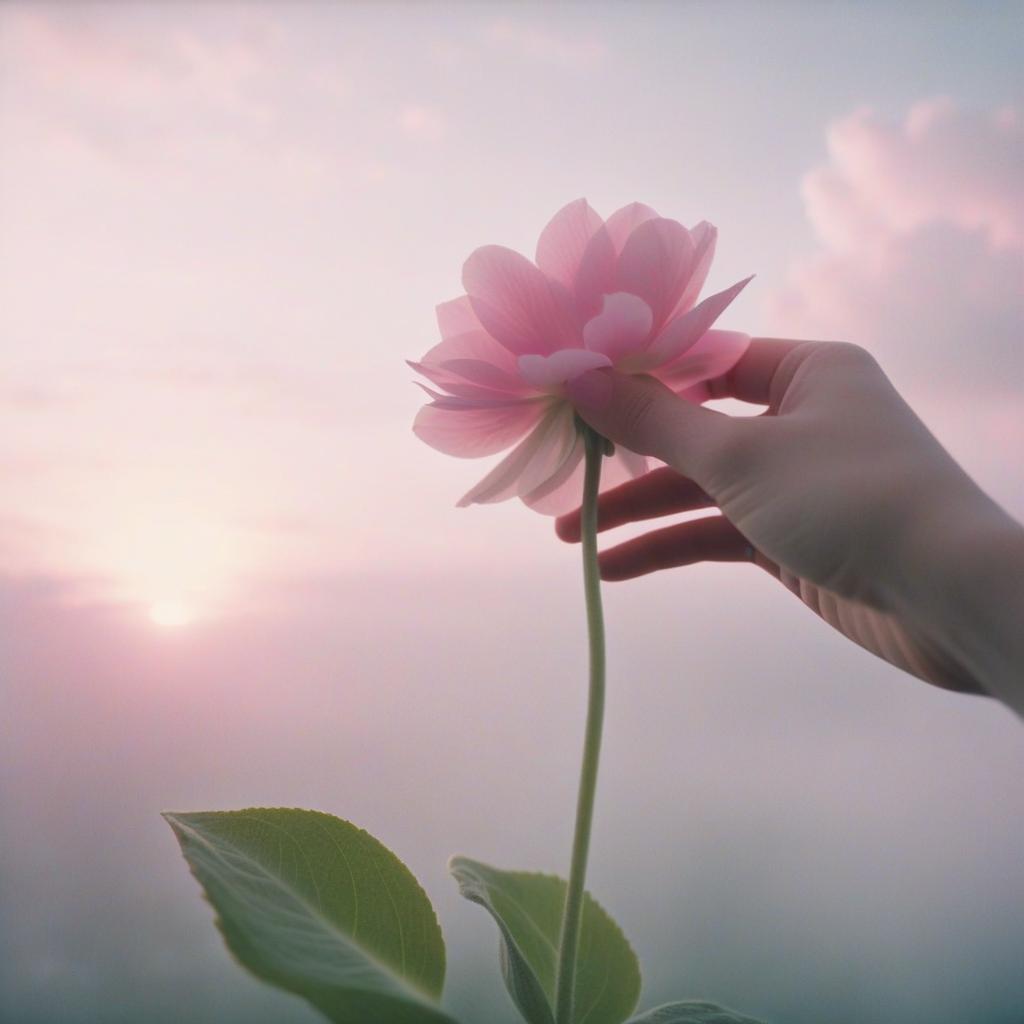  analog film photo the girl’s hand touches a pink flower, pink and white shades, light fog, clouds in the background, a room in pastel shades. . faded film, desaturated, 35mm photo, grainy, vignette, vintage, kodachrome, lomography, stained, highly detailed, found footage