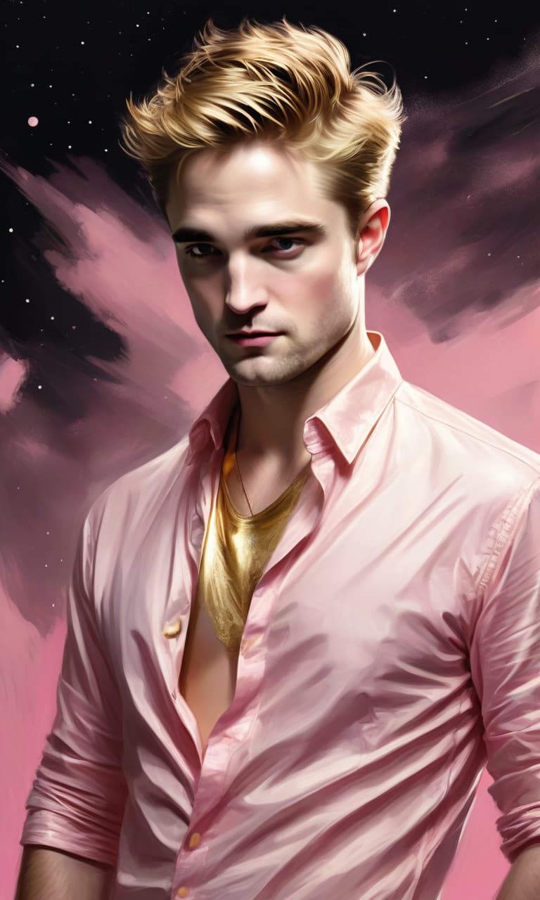  concept art pink, gold, black, white moonlight robert pattinson to the waist in a gold shirt behind . digital artwork, illustrative, painterly, matte painting, highly detailed, perfect hands