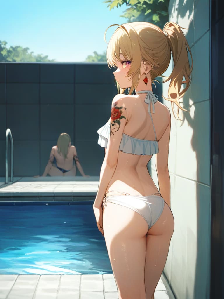  white headphones, white swimwear, poses showing their backs, poses on the wall, snake tattoo on , white frill pare, all body, foot, pool, standing, blonde ponytail, thigh tattoo, tattoo, skull tattoo on arms. , tattoo on a small wing on the back, masterpiece, best quality,8k,ultra detailed,high resolution,an extremely delicate and beautiful,hyper detail