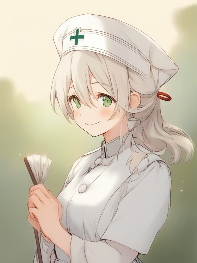  gentle illustration style {pretty lady}{beige hair color}{green eye color:}{smile}{small chignon:}(smile){nightingale white nurse cap:}{nightingale white nurse outfit:}{nurse apron:}(upper body) medievalhospital background,high quality,16k,super analyzed.