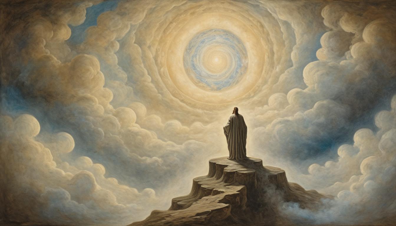  on parchment, surrealism++, majestic figure enshrouded in cosmic clouds, divine portal swirling, realms beyond sight, awe inspiring, enigmatic divine presence(mysterious, provocative, symbolic)++