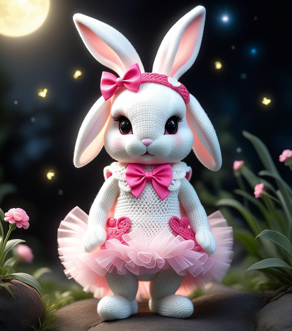  alien themed a very cute white and pink fluffy bunny, cute cute, with long fluffy floppy ears, with a fashionable elegant crochet headband with a bow, and decorations, standing on two legs, in a crocheted white and pink jumpsuit with ruffles, tulle ruffles, with draperies, with ruffled tulle, with a bow, a peplum, very detailed, dressed in beautiful crocheted shoes with a bow, flying fireflies and neon hearts, glare of light, radiance, fabulously beautiful, tenderness, love, aesthetics, best quality: 1.3, for maximum detail and clarity, professional photo, fotorealism, high resolution, high detail , iso 3200, f/2.8, 16k, uhd, 1/8000sec, 30mm lens, bright light . extraterrestrial, cosmic, otherworldly, mysterious, sci fi, highly detailed, st hyperrealistic, full body, detailed clothing, highly detailed, cinematic lighting, stunningly beautiful, intricate, sharp focus, f/1. 8, 85mm, (centered image composition), (professionally color graded), ((bright soft diffused light)), volumetric fog, trending on instagram, trending on tumblr, HDR 4K, 8K