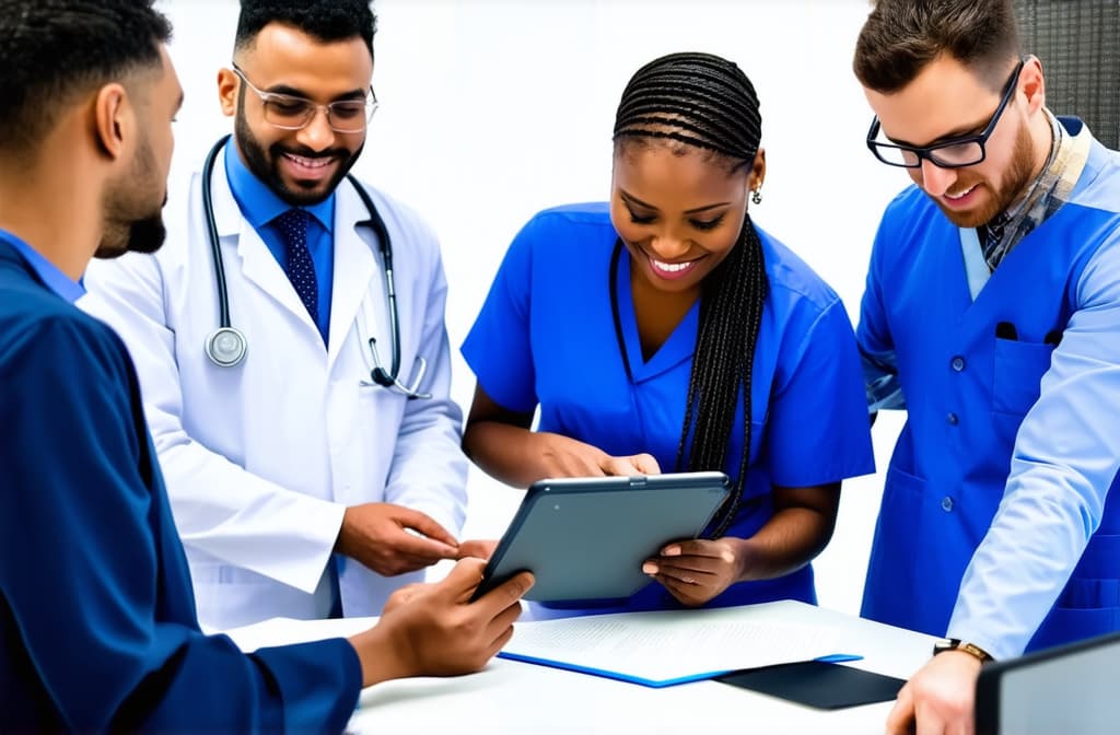  professional detailed photography, multiethnic doctors engaged in collaborative medical consultation, discuss patient disease diagnose or treatment plan, reviewing information, focusing on tablet. teamwork, modern tech in healthcare ar 3:2, (muted colors, dim colors, soothing tones), (vsco:0.3)