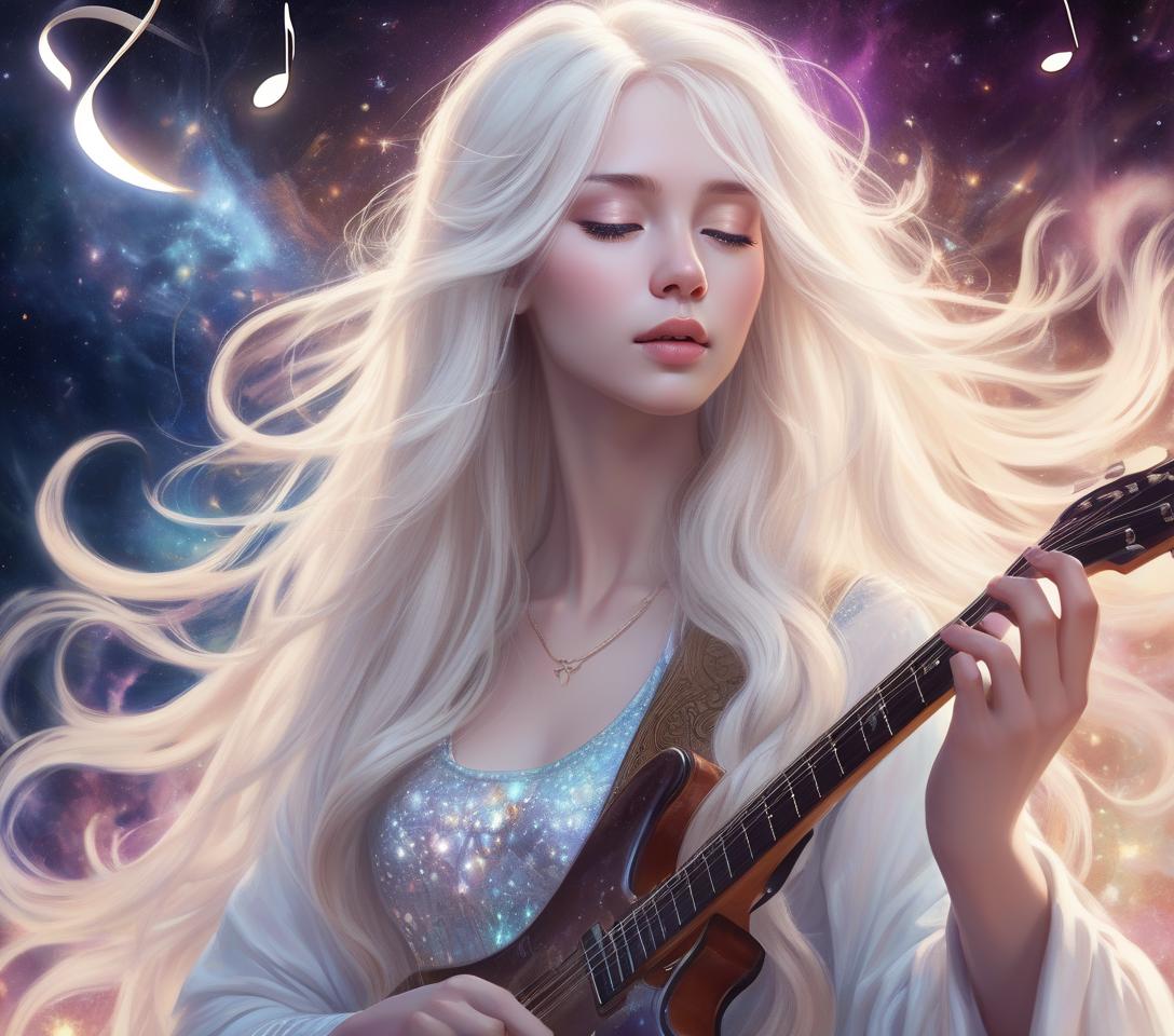  concept art an ethereal and enchanting artwork of a young lady with long white hair, set against a complex space background. the hyper realistic piece captures intricate details, glowing beauty, and the magic of music. enchanting guitar music, a young lady with long white hair elegantly dressed, intricate tiny details, a beautiful and glowing presence, surrounded by ethereal lights. the scene is set against a complex space background, emphasizing defined cheekbones, a cute nose, and glossy lips. the artwork is hyper realistic, capturing the magic of music and beauty. . digital artwork, illustrative, painterly, matte painting, highly detailed