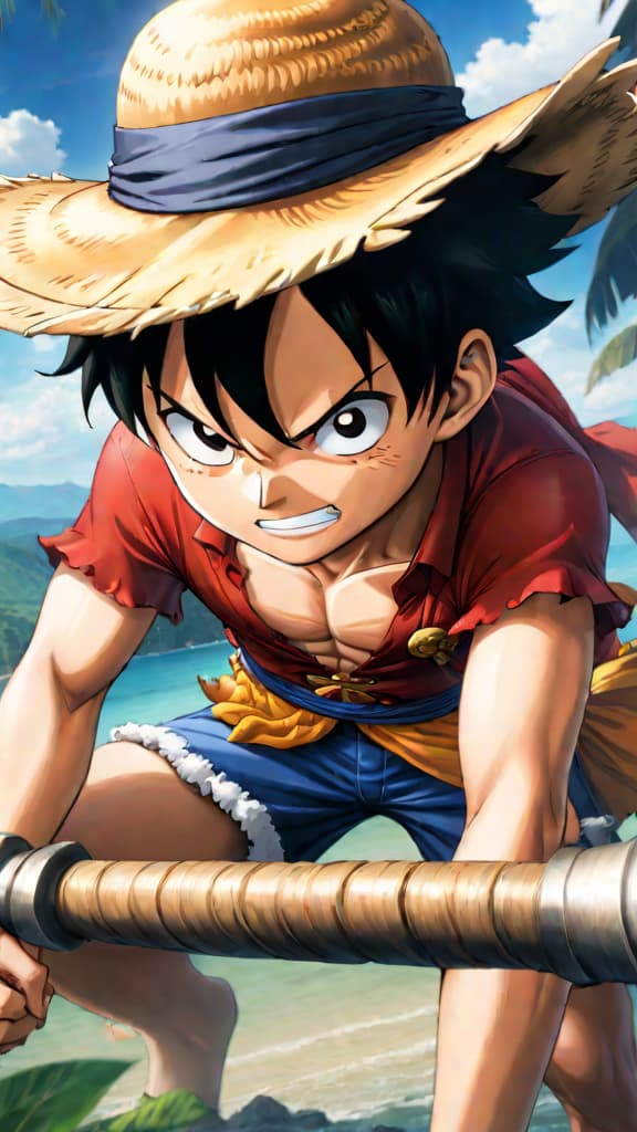  anime art: luffy embodies the will of d, feared by the world government for uncovering truth. hyperrealistic, full body, detailed clothing, highly detailed, cinematic lighting, stunningly beautiful, intricate, sharp focus, f/1. 8, 85mm, (centered image composition), (professionally color graded), ((bright soft diffused light)), volumetric fog, trending on instagram, trending on tumblr, HDR 4K, 8K