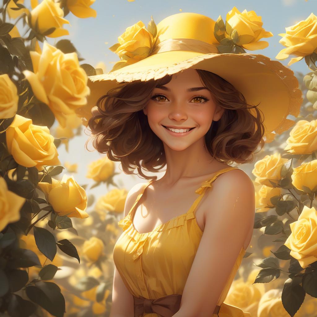  concept art portrait. head and shoulders portrait. a woman in a yellow sundress with a straw sunhat and yellow ribbon, smiling near yellow roses outside, with brown eyes and hair. head and shoulders portrait. inspired by greg rutkowski, artgerm, wlop, alphonse mucha. warm, vibrant triadic colors and dynamic, soft, natural lighting. unreal engine 5, volumetric lighting and hyperdetailed textures. intricately detailed, splash art. trending on artstation. highly realistic. 8k resolution, best quality. masterpiece.