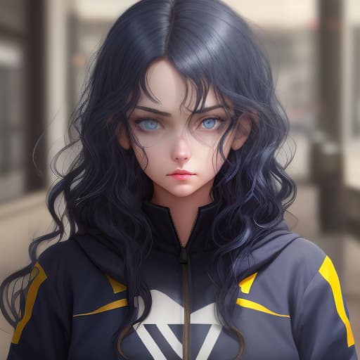  girl, dark blue hair, dark blue eyes, yellow glare on eyes, a little wavy hair