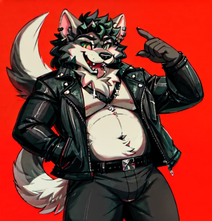  cool fit fluffy rat and wolf mix race guy fully naked with a black leather jacket on open, (anime:1.25)