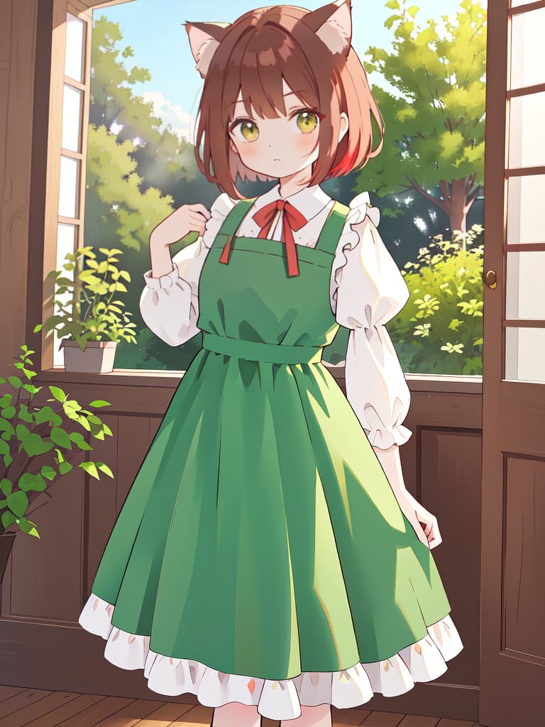  cat ears, red brown hair bobs, green maid clothes, brown eyes, standing pictures, masterpiece, best quality,8k,ultra detailed,high resolution,an extremely delicate and beautiful,hyper detail