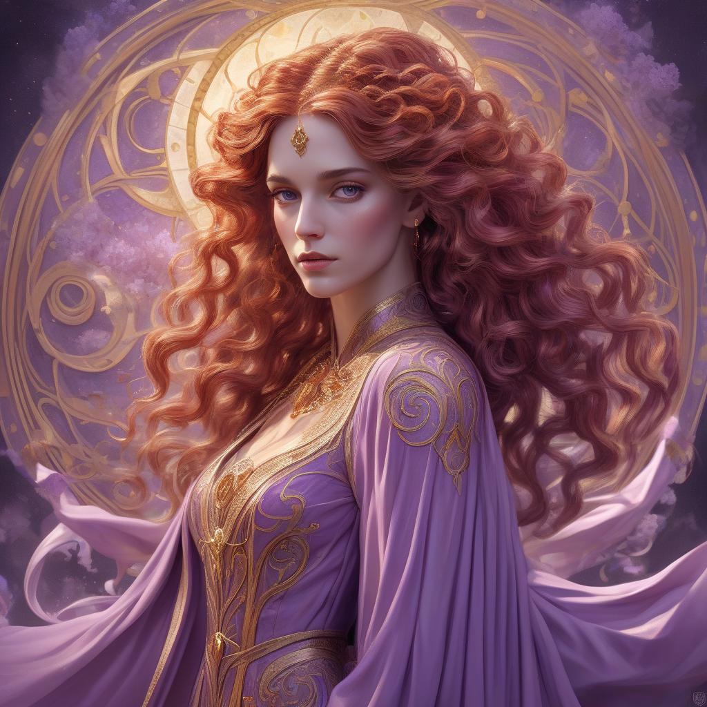  concept art a sorceress of time, long crimson pre raphaelite style hair with curls forming fibonacci spirals, robed in a lavender gown that flows like liquid gold, intricate and luxurious, a vision of beauty that defies the ages. opalescent, pearlescent, prismatic, luminescent, zentangle, filigree, molten gold, masterpiece museum quality, by josephine y this portrait combines the mystique of ancient deities with the grace of modern aesthetics, inviting the viewer into a world where magic reigns supreme. chaos 40 ar 3:4 stylize 800, trending on artstation, sharp focus, studio photo, intricate details, highly detailed, by greg rutkowski . digital artwork, illustrative, painterly, matte painting, highly detailed