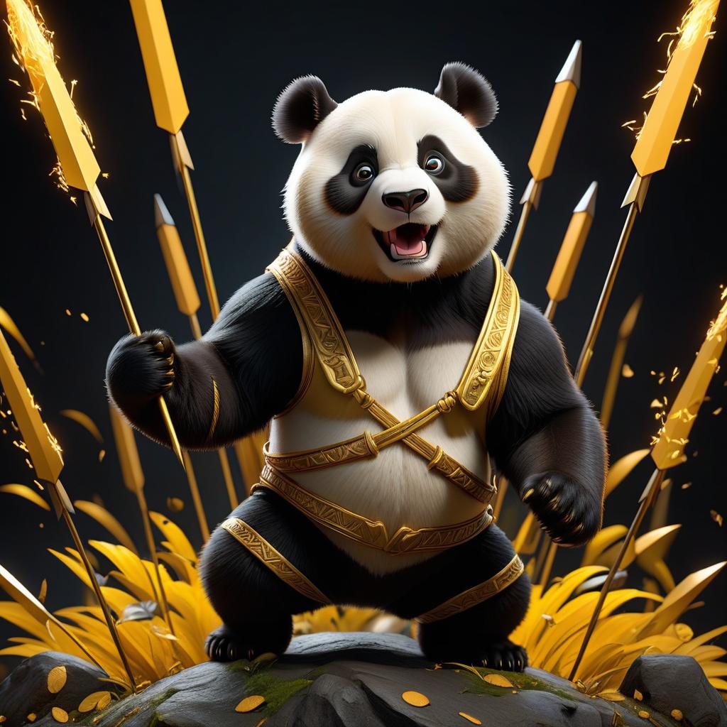  create a golden colored picture in the center a cartoon brutal panda on the side arrows pointing the course up and down on a black background hyperrealistic, full body, detailed clothing, highly detailed, cinematic lighting, stunningly beautiful, intricate, sharp focus, f/1. 8, 85mm, (centered image composition), (professionally color graded), ((bright soft diffused light)), volumetric fog, trending on instagram, trending on tumblr, HDR 4K, 8K