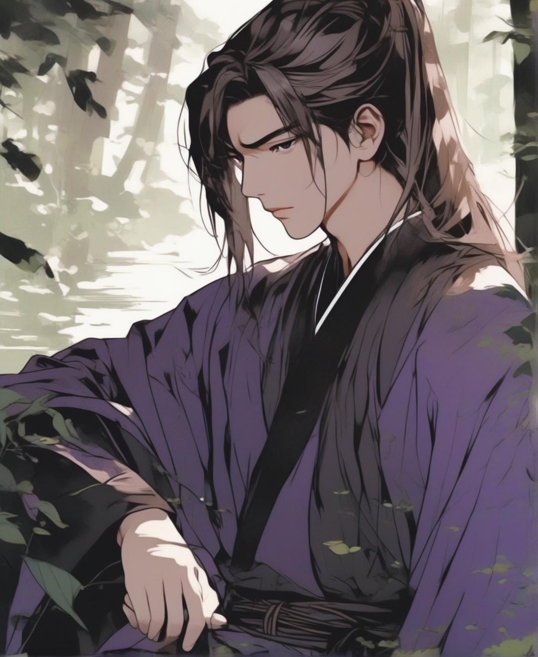  line art drawing chinese ancient man, long hair, purple robe, black sash, serious expression, forest setting, trees, pink petals, calmness, contemplation, deep in thought, handsome, sad mood, nature. long shot, wide angle lens, front view. highly detailed photo, sharp details, best quality, 4k, raw photo.. professional, sleek, modern, minimalist, graphic, line art, vector graphics